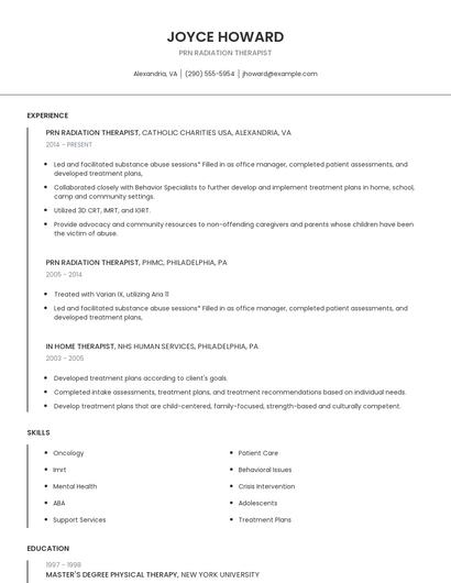 PRN Radiation Therapist Resume