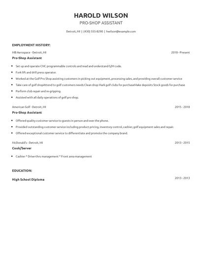 Pro-Shop Assistant Resume