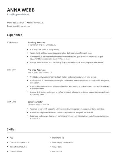 Pro-Shop Assistant Resume
