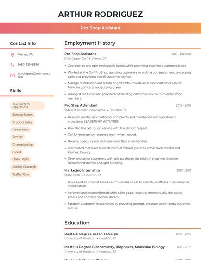Pro-Shop Assistant Resume