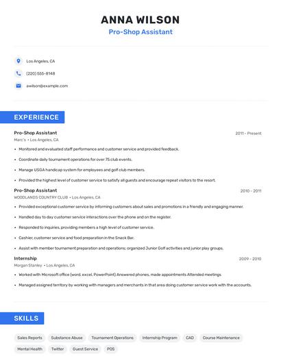 Pro-Shop Assistant Resume