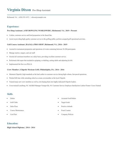 Pro-Shop Assistant Resume