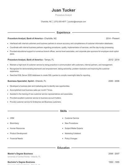 Procedure Analyst Resume