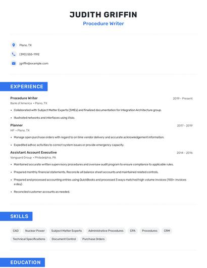 Procedure Writer Resume