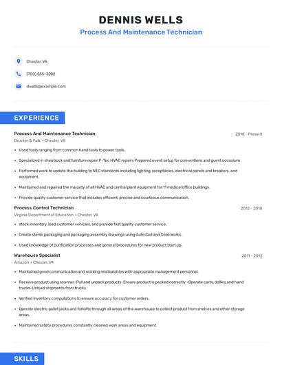 Process And Maintenance Technician Resume