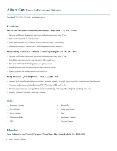 Process And Maintenance Technician Resume