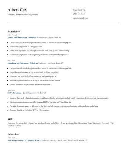 Process And Maintenance Technician Resume