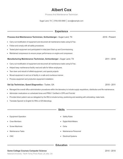 Process And Maintenance Technician Resume