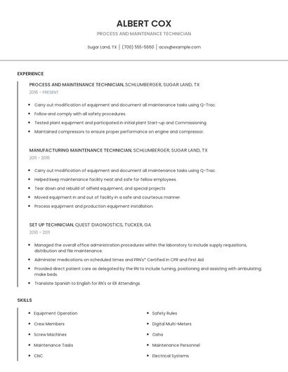 Process And Maintenance Technician Resume