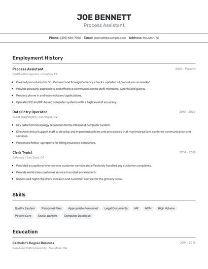 Process Assistant Resume