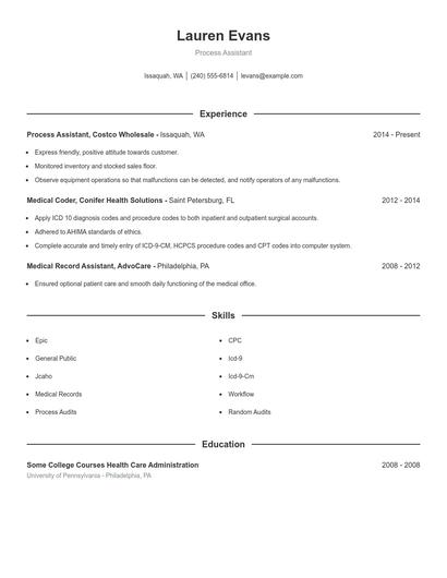 Process Assistant Resume