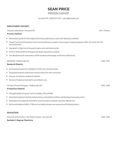 Process Chemist Resume