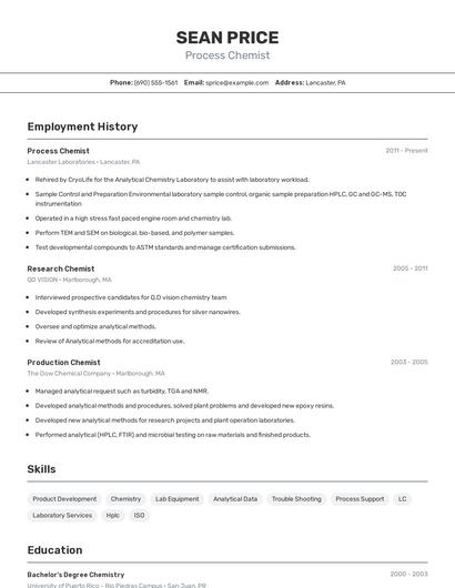 Process Chemist Resume