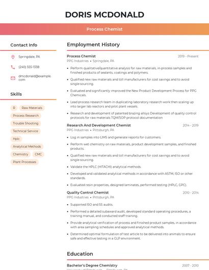 Process Chemist Resume