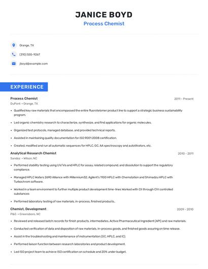 Process Chemist Resume