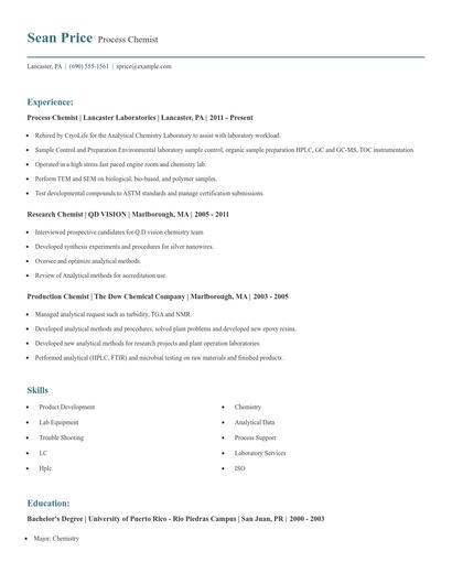 Process Chemist Resume