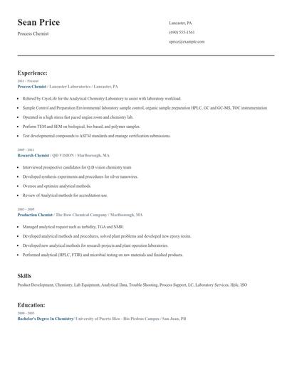 Process Chemist Resume