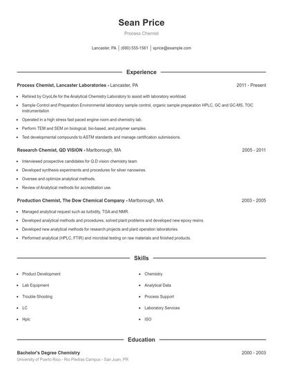 Process Chemist Resume