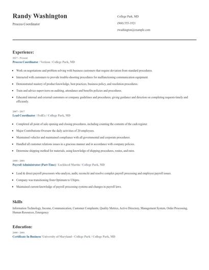 Process Coordinator Resume