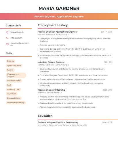 Process Engineer, Applications Engineer Resume