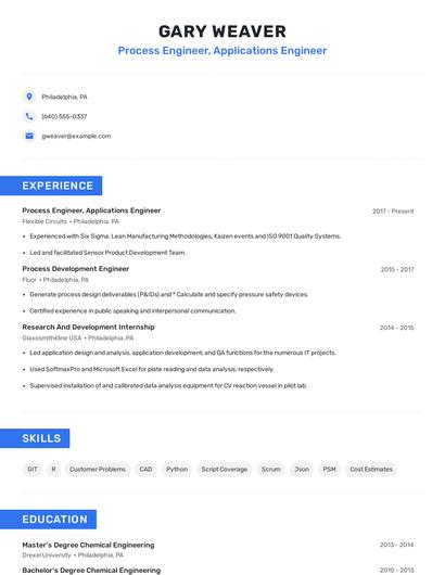 Process Engineer, Applications Engineer Resume