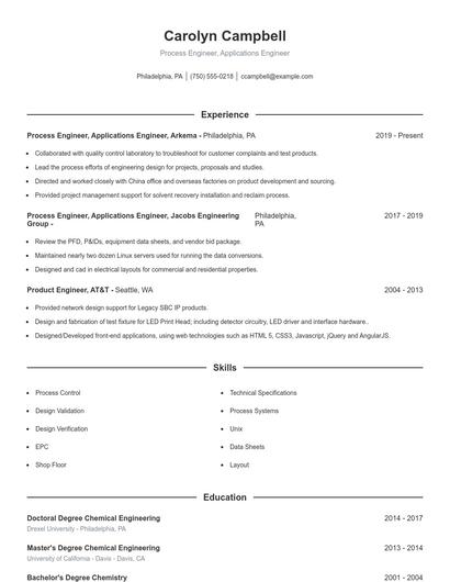 Process Engineer, Applications Engineer Resume