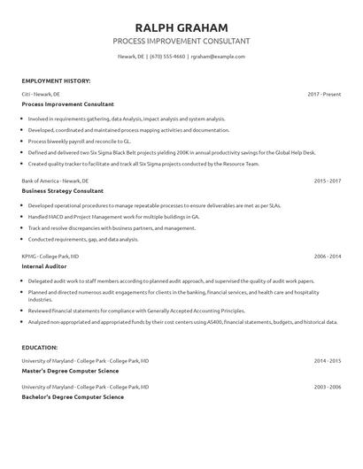 Process Improvement Consultant Resume