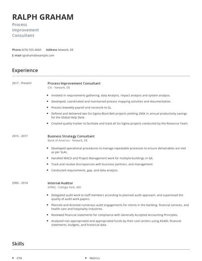 Process Improvement Consultant Resume