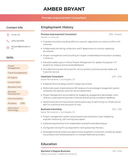 Process Improvement Consultant Resume