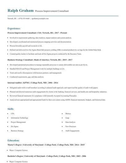 Process Improvement Consultant Resume
