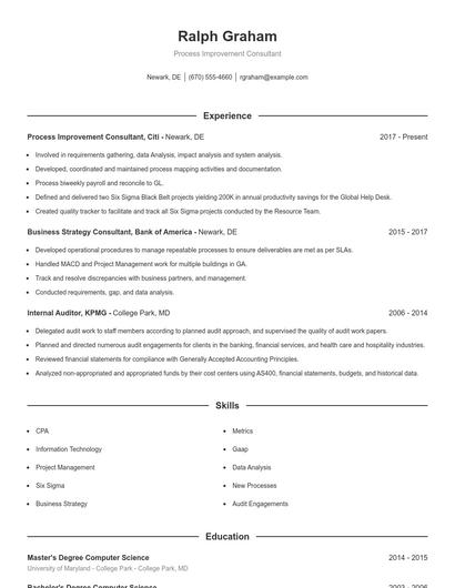 Process Improvement Consultant Resume