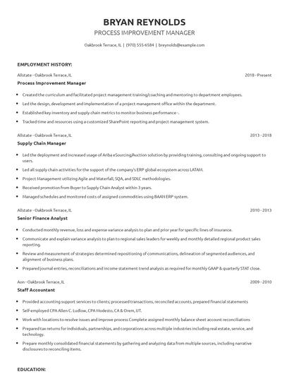 Process Improvement Manager Resume
