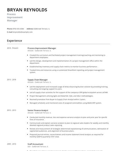 Process Improvement Manager Resume