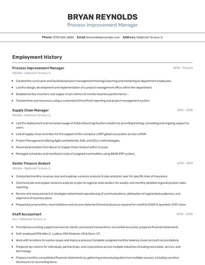 Process Improvement Manager Resume