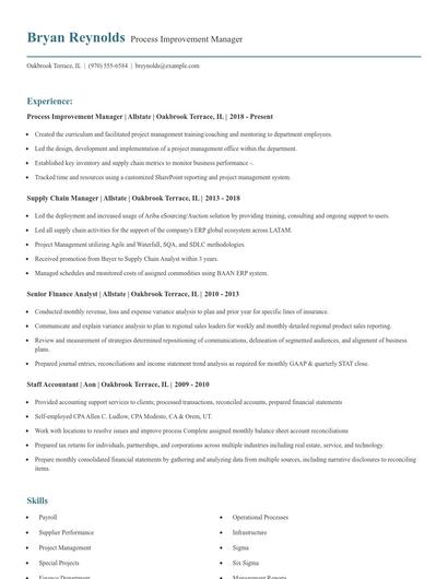 Process Improvement Manager Resume