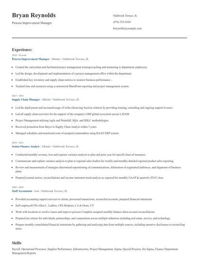 Process Improvement Manager Resume
