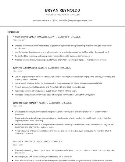 Process Improvement Manager Resume