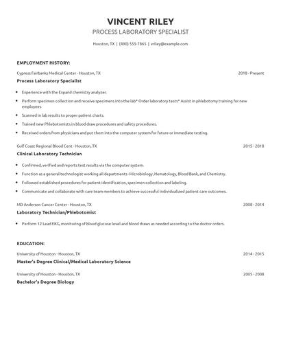 Process Laboratory Specialist Resume