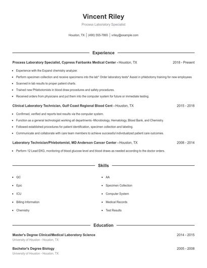 Process Laboratory Specialist Resume