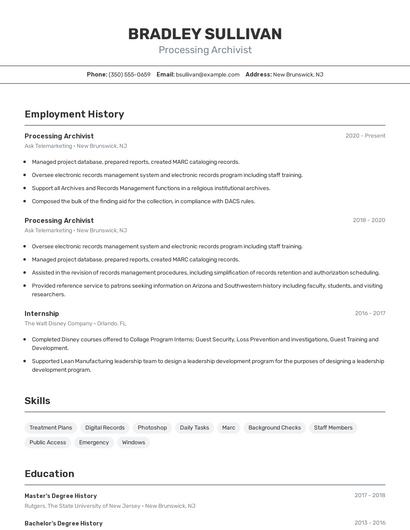 Processing Archivist Resume