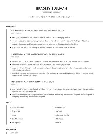 Processing Archivist Resume
