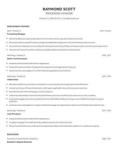 Processing Manager Resume