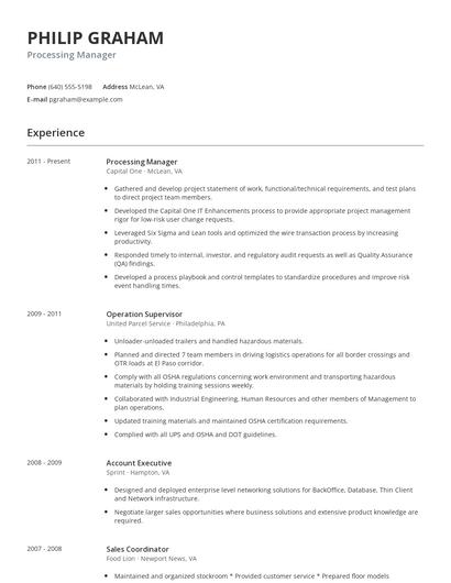 Processing Manager Resume
