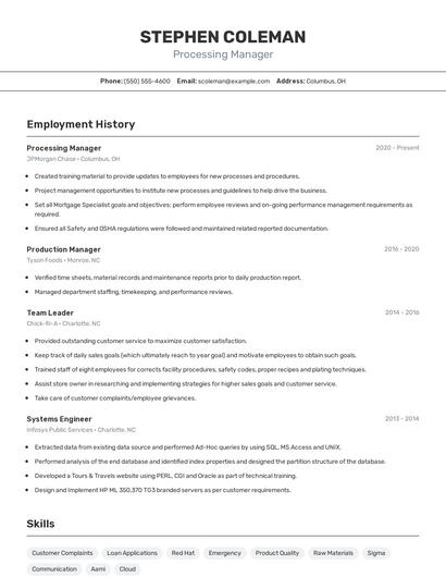 Processing Manager Resume
