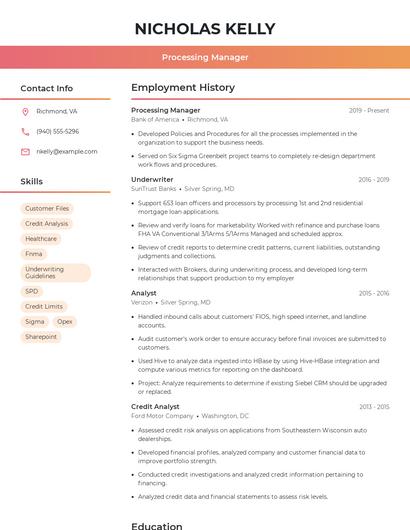 Processing Manager Resume