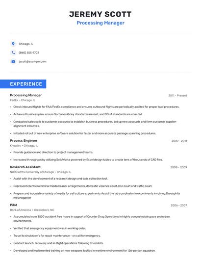 Processing Manager Resume