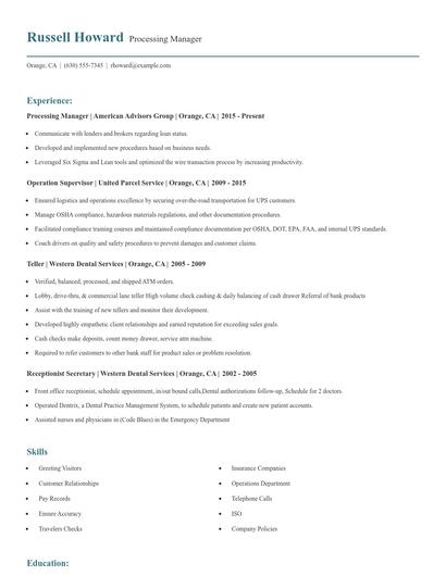 Processing Manager Resume