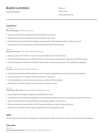 Processing Manager Resume
