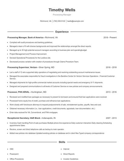 Processing Manager Resume
