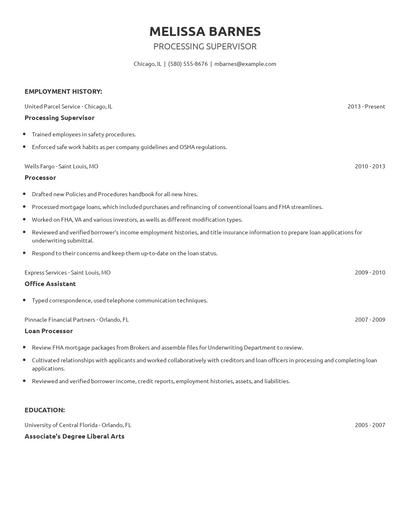 Processing Supervisor Resume